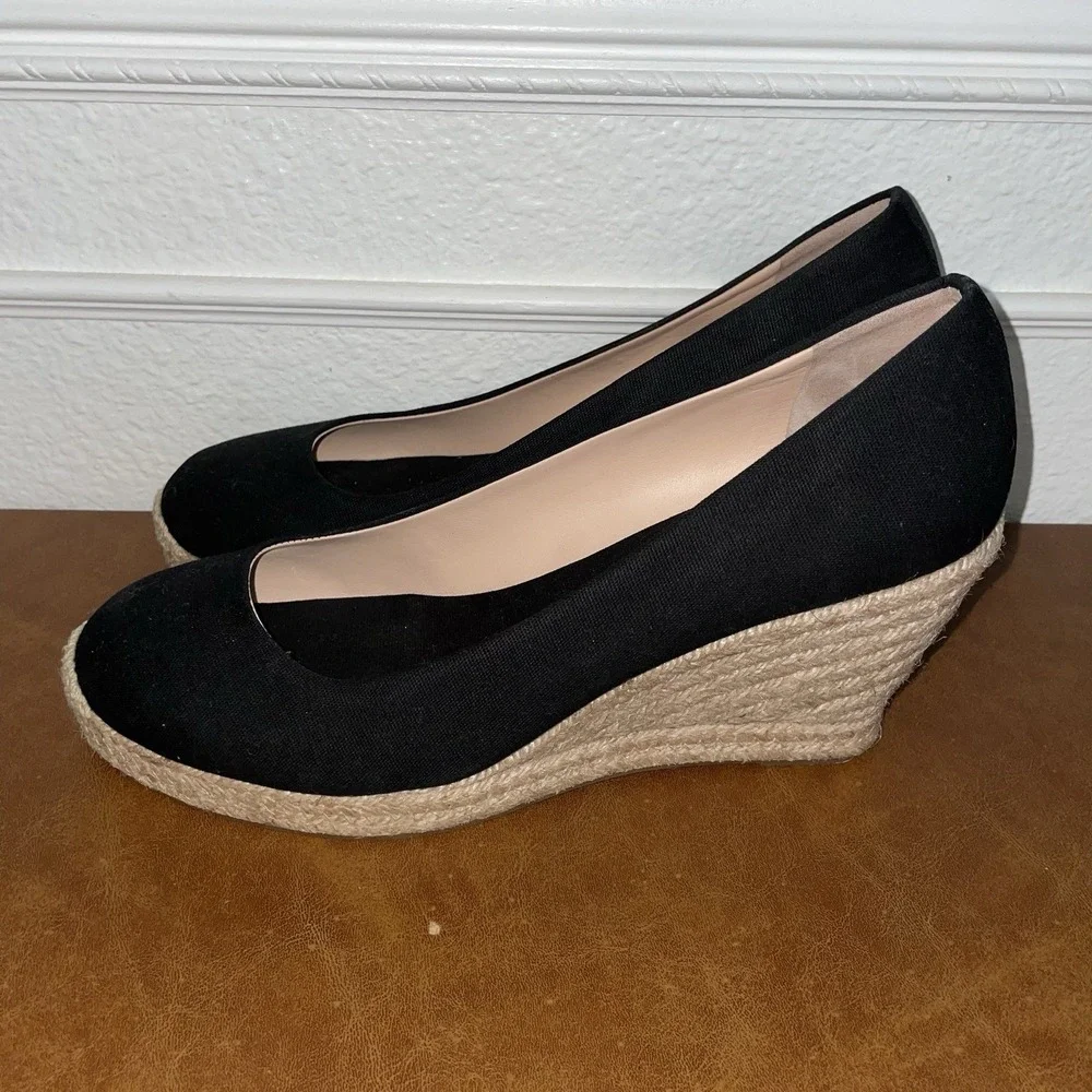 J. Crew Black Canvas Espadrille Wedge Heeled Shoes Size: 10 Excellent Condition‎